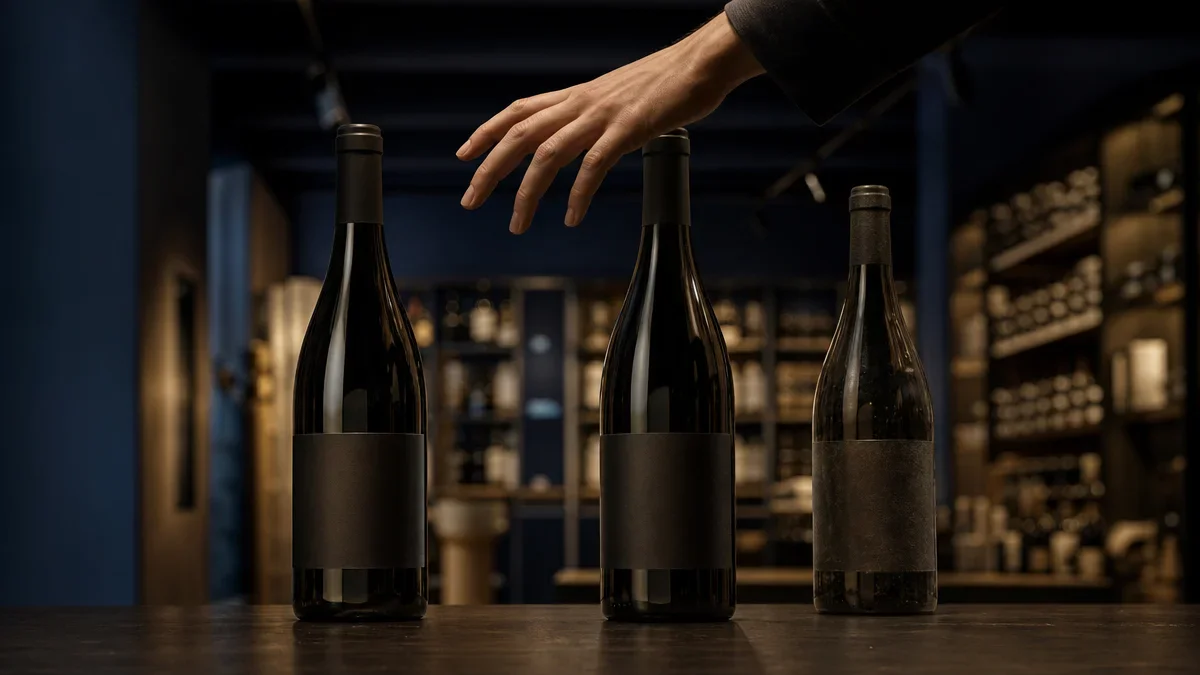 Três garrafas de vinho sobre uma bancada; uma opção inferior está ao lado de duas alternativas mais atraentes.