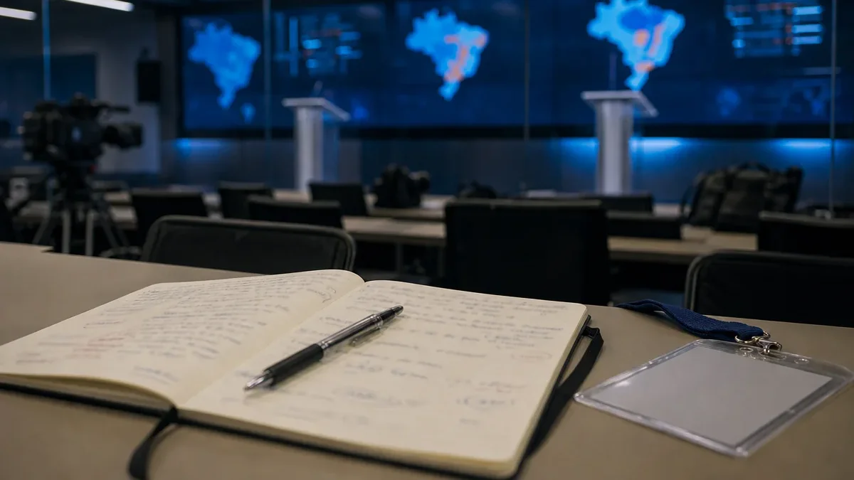 Caderno de observadores eleitorais em primeiro plano e púlpitos vazios diante de telas desfocadas em uma sala de imprensa.