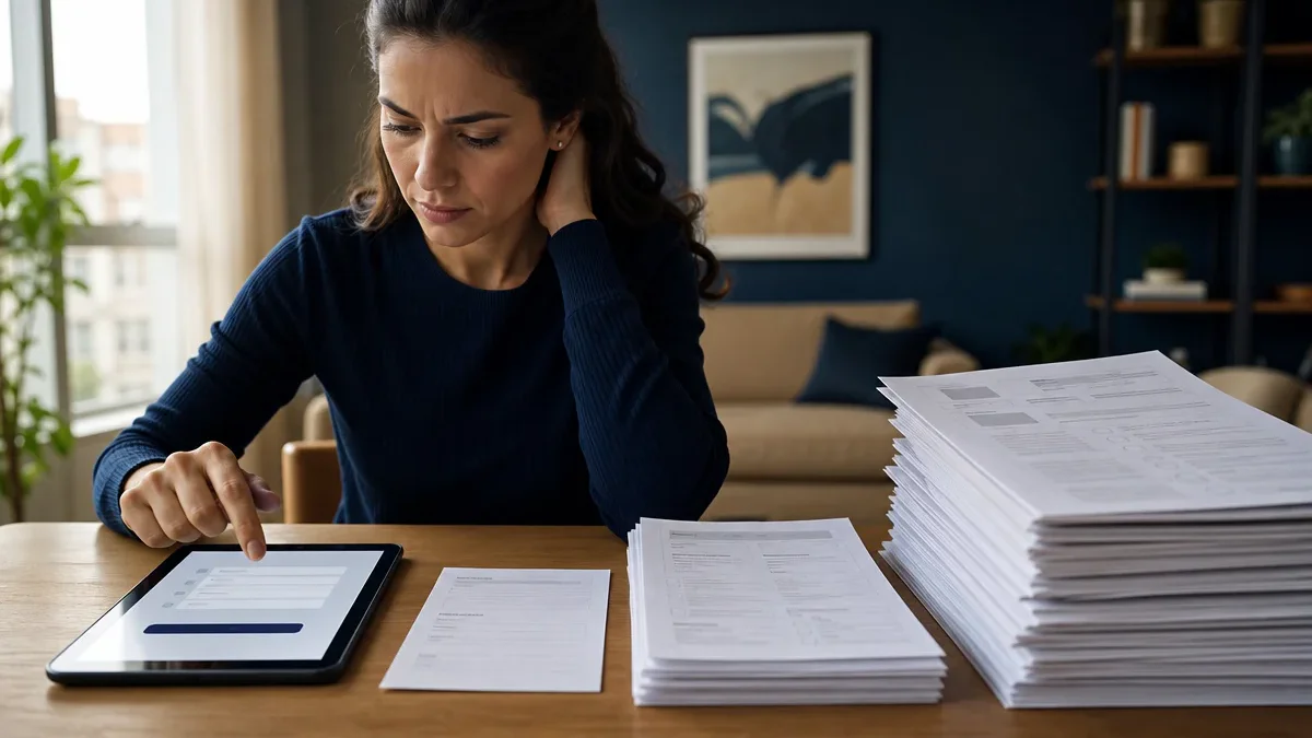 Mulher hesita diante de um tablet, ao lado de formulários que ficam progressivamente mais extensos.